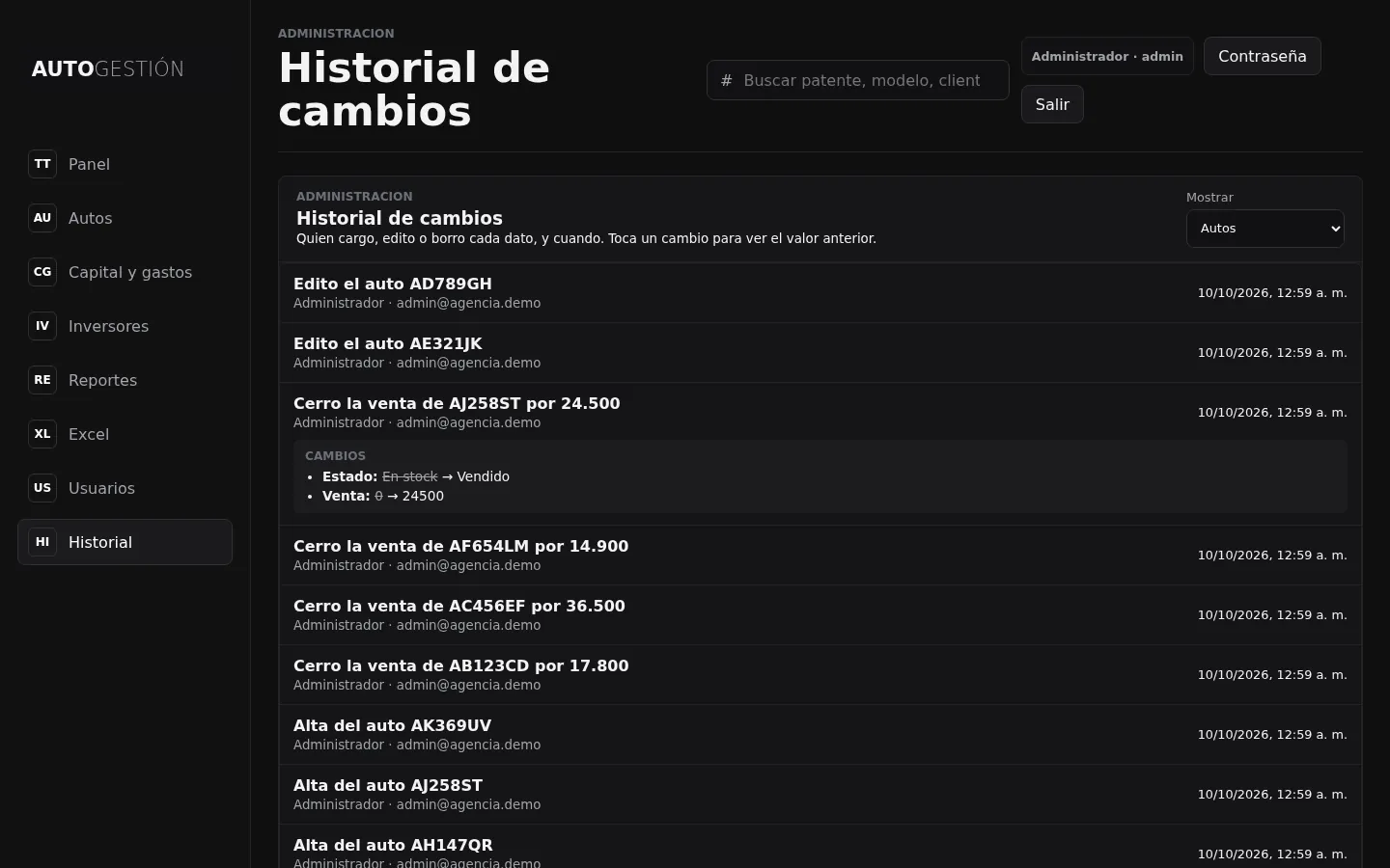 Historial de cambios con el detalle de qué cambió
