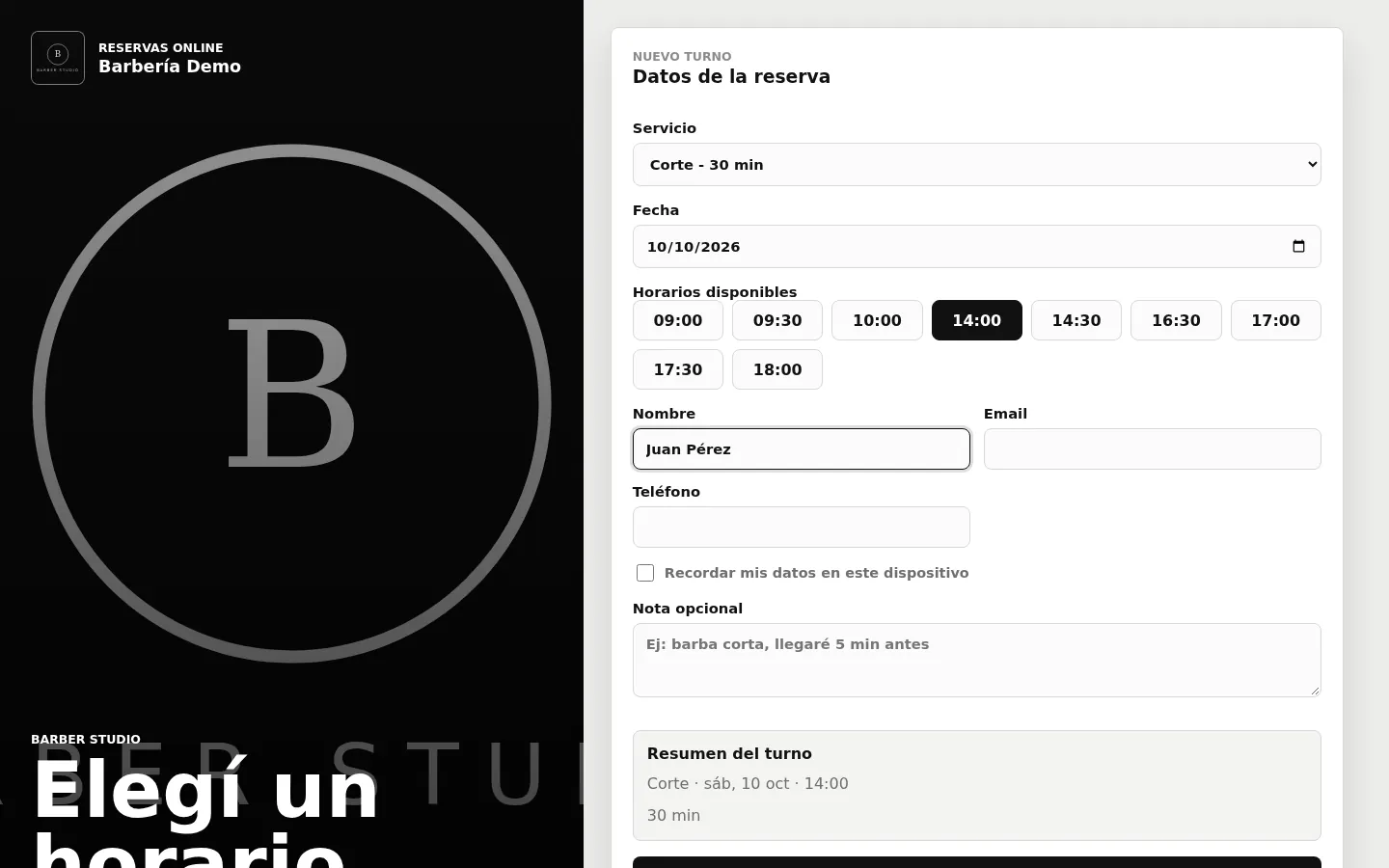 Turnos online para barbería